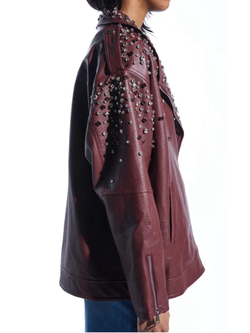 Azalea Wang Catrine Burgundy Rhinestone Oversized Jacket M Burgundy Embellished - Picture 3 of 8